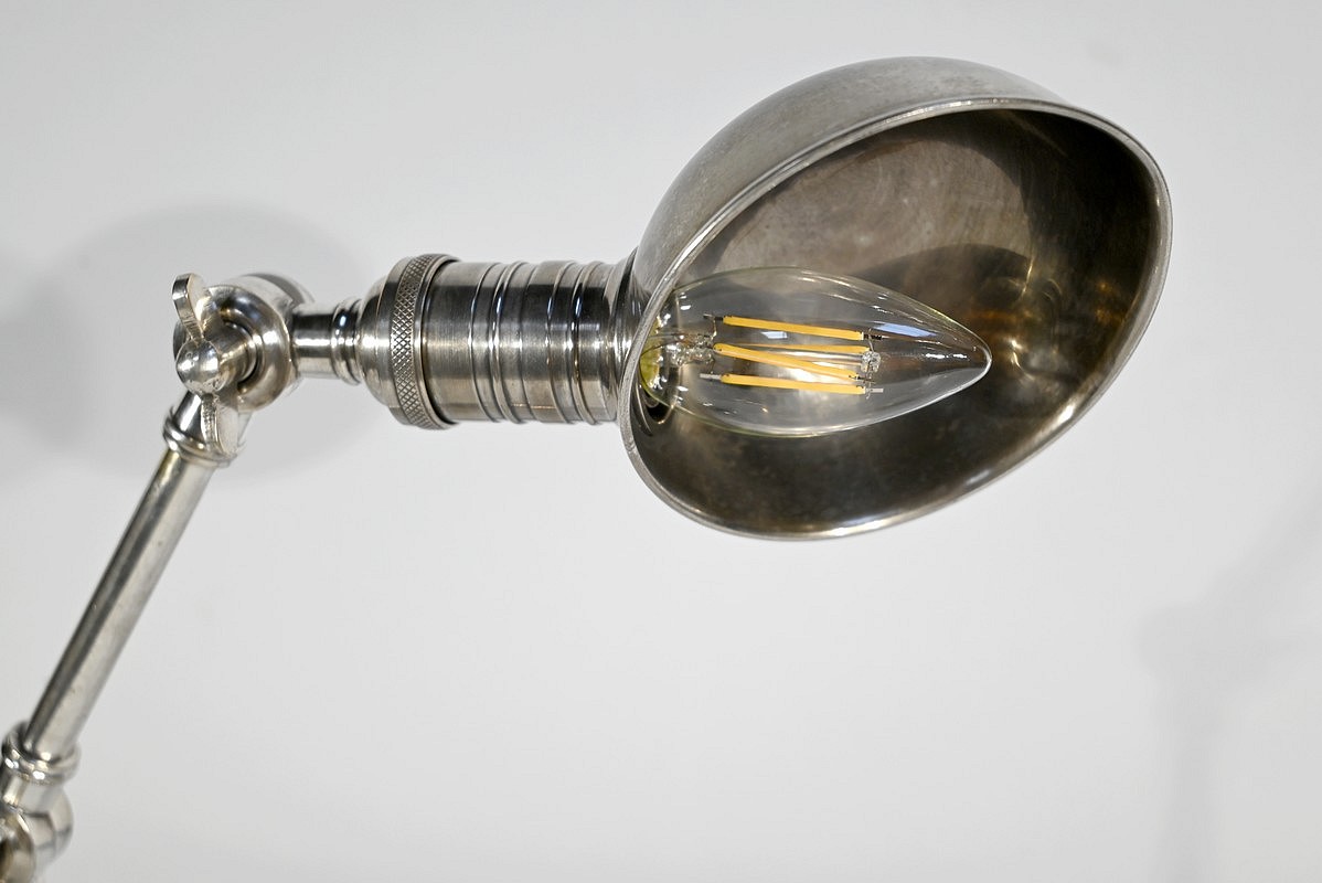 Lampe vintage à bras articulé en métal et bois, 1920