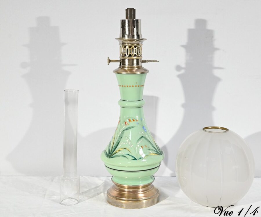 Lampe à pétrole - Etain, verre, laiton, marbre - Fin du